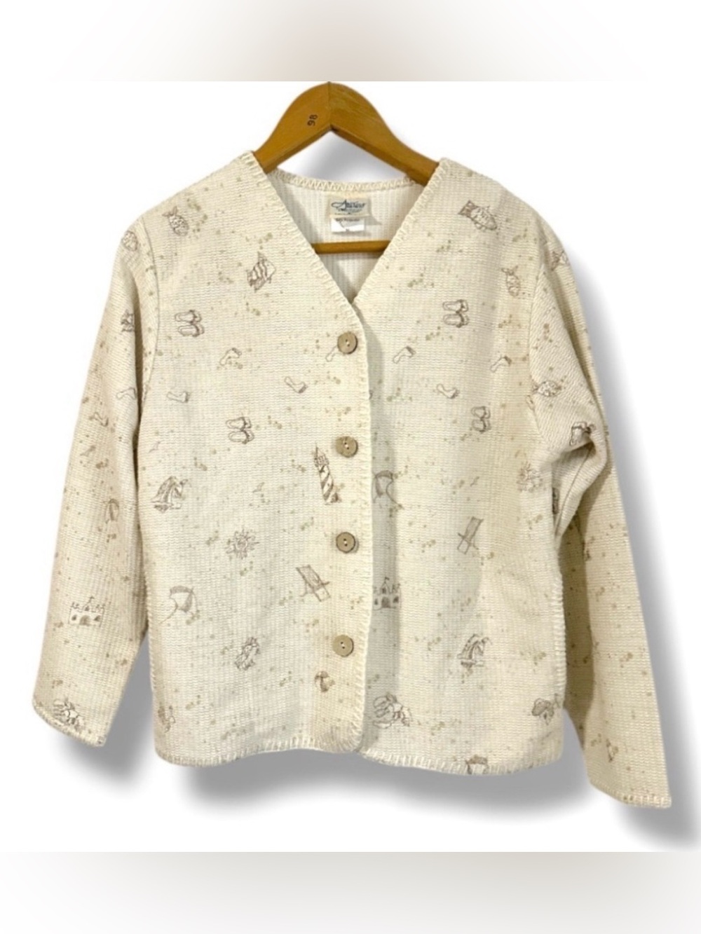 Vintage 80s/90s Artisans Cream Beach Print Waffle Knit Cardigan Womens Sz Medium